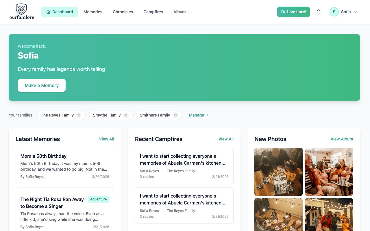 OurFamLore family dashboard and chronicles